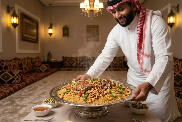 رجل سعودي يقدم طبق الكبسة باللحم في مجلس عربي تقليدي