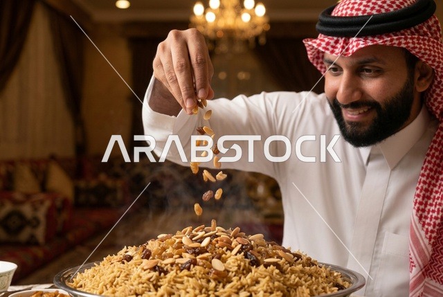 رجل سعودي يضع المكسرات على طبق الكبسة