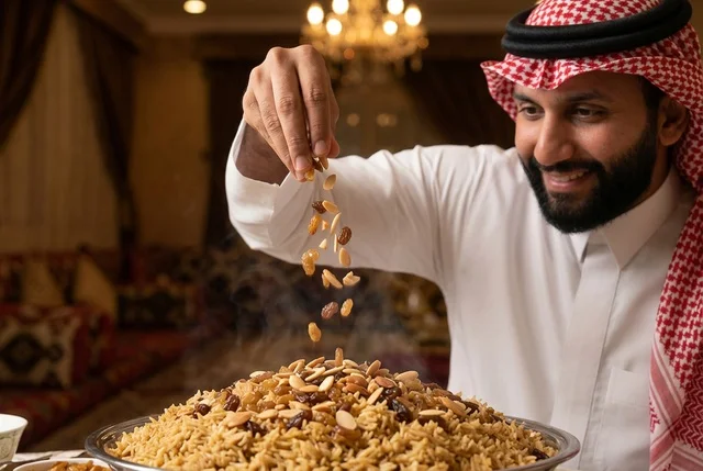 رجل سعودي يضع المكسرات على طبق الكبسة