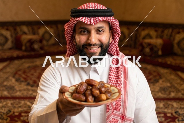 رجل سعودي بالزي التقليدي يقدم التمر في مجلس تراثي