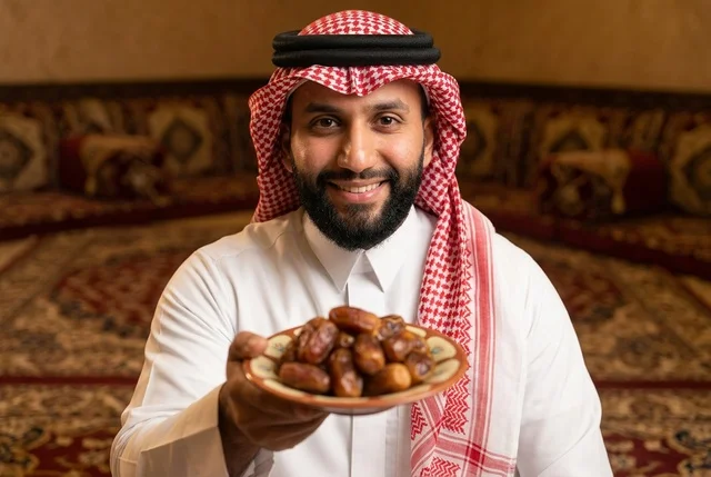 رجل سعودي بالزي التقليدي يقدم التمر في مجلس تراثي