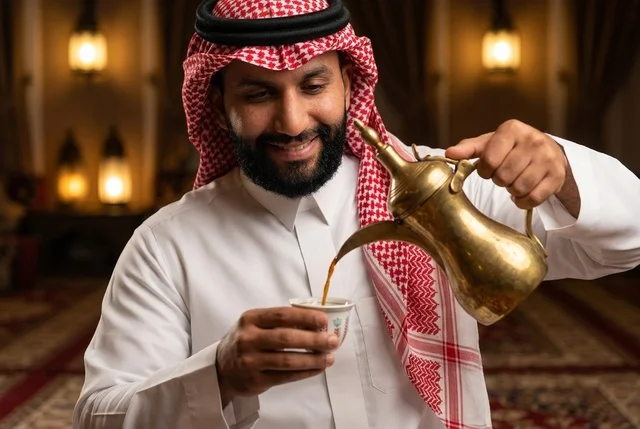 رجل سعودي يسكب القهوة العربية من دلة ذهبية في فنجان