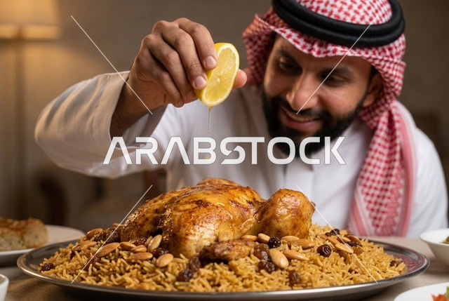 Saudi Man Squeezing Lemon on Chicken Kabsa Platter
