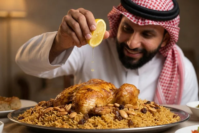 Saudi Man Squeezing Lemon on Chicken Kabsa Platter