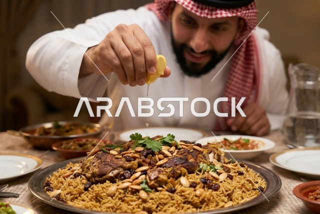 رجل سعودي يعصر الليمون الطازج فوق طبق الكبسة بالدجاج