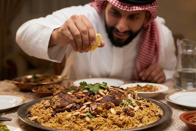 رجل سعودي يعصر الليمون الطازج فوق طبق الكبسة بالدجاج