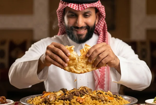 رجل سعودي يتناول وجبة الكبسة التقليدية باللحم والأرز