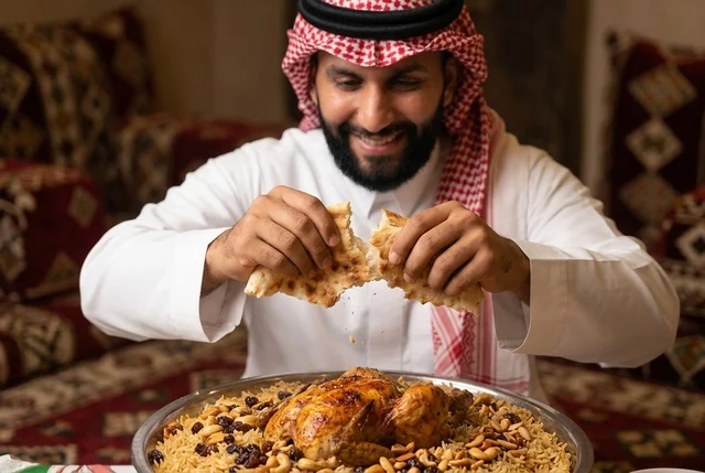 تناول كبسة الدجاج السعودية بالزي التقليدي في المجلس