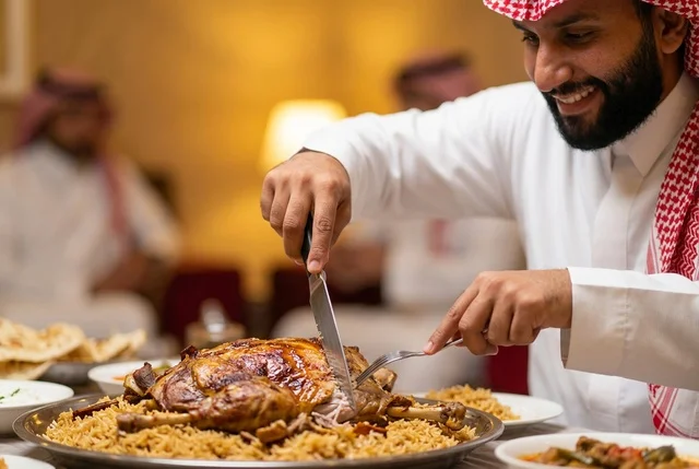 رجل سعودي يقطع لحم الكبسة التقليدية على مائدة الطعام