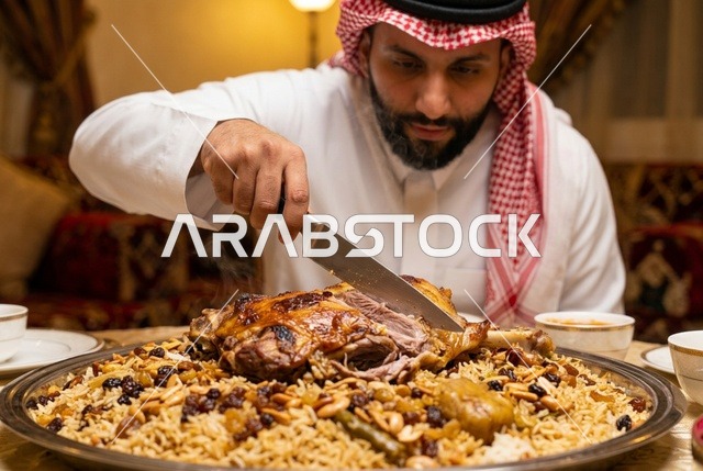 رجل سعودي يقطع لحم الخروف المشوي فوق طبق أرز الكبسة