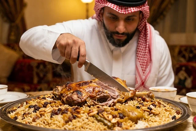 رجل سعودي يقطع لحم الخروف المشوي فوق طبق أرز الكبسة