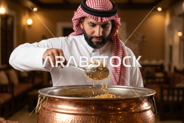 رجل عربي يغرف أرز الكبسة الشعبية من قدر نحاسي ساخن