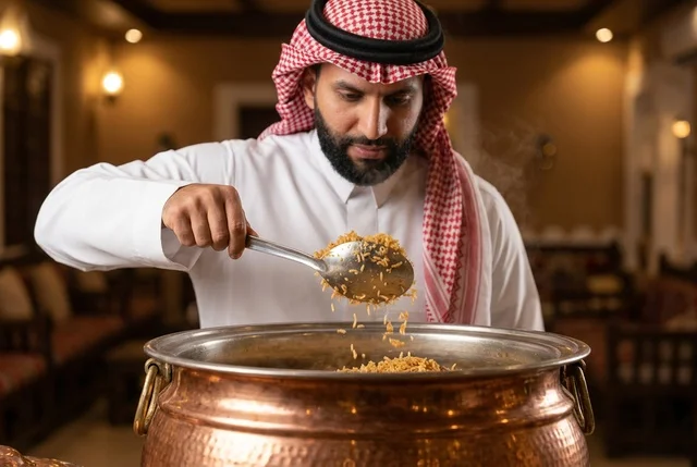 رجل عربي يغرف أرز الكبسة الشعبية من قدر نحاسي ساخن