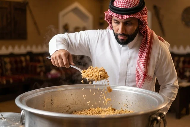Saudi Man Cooking Traditional Kabsa Rice in Large Pot