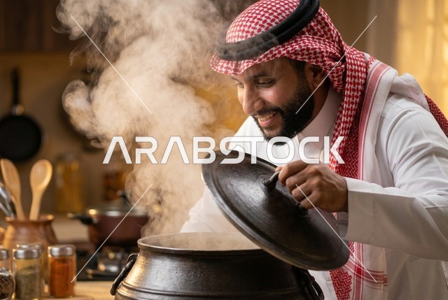 رجل سعودي في المطبخ يطبخ مع قدر طعام يتصاعد منه البخار