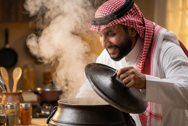 رجل سعودي في المطبخ يطبخ مع قدر طعام يتصاعد منه البخار رجل سعودي في المطبخ يطبخ مع قدر طعام يتصاعد منه البخار