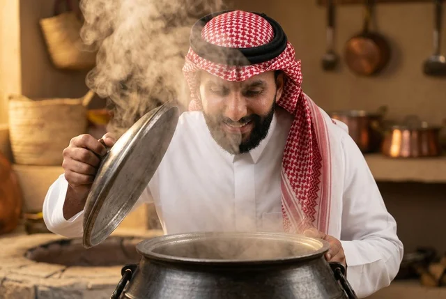 Saudi Man Cooking Traditional Food in Heritage Kitchen