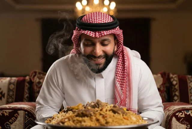 رجل سعودي بالزي التقليدي مع طبق كبسة سعودية ساخنة