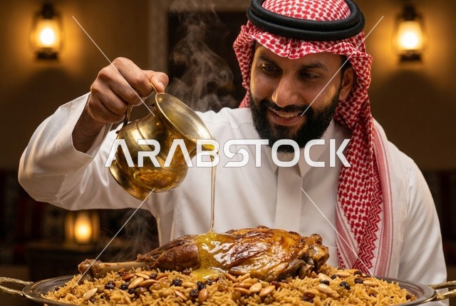 رجل سعودي يسكب السمن على طبق كبسة اللحم التقليدي