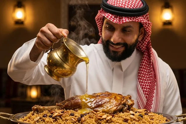 رجل سعودي يسكب السمن على طبق كبسة اللحم التقليدي