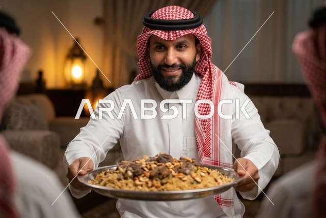 رجل سعودي يقدم طبق الكبسة باللحم للضيوف في رمضان