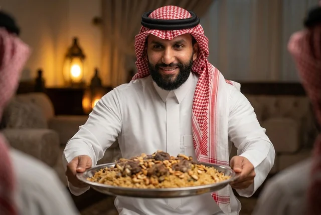 رجل سعودي يقدم طبق الكبسة باللحم للضيوف في رمضان