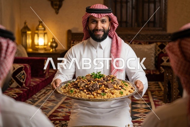 رجل سعودي يقدم الكبسة التقليدية باللحم في المجلس