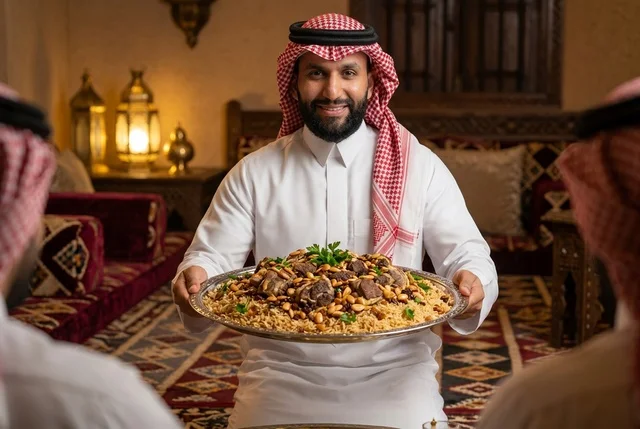 Saudi Man Serving Traditional Meat Kabsa in Majlis Saudi Man Serving Traditional Meat Kabsa in Majlis