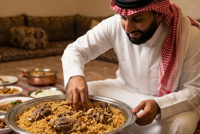 رجل سعودي يتناول طعام الكبسة التقليدية في المجلس العربي