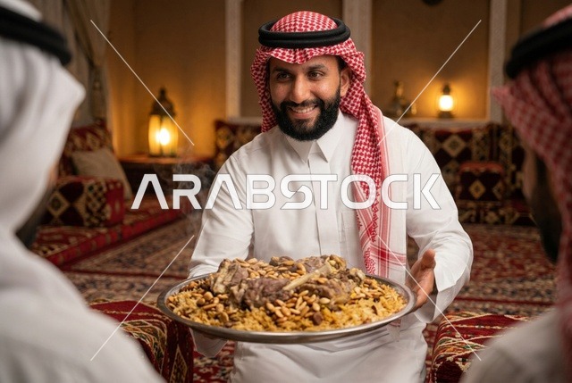 رجل سعودي يقدم وليمة الكبسة التقليدية في المجلس