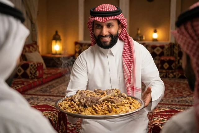 رجل سعودي يقدم وليمة الكبسة التقليدية في المجلس
