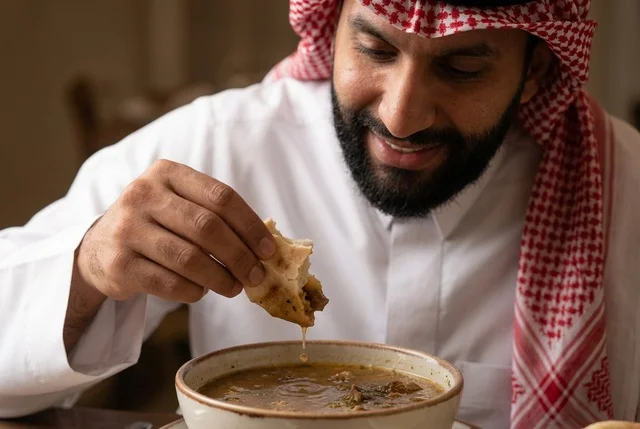 رجل سعودي يرتدي شماغ تقليدي يتناول الشوربة عن قرب