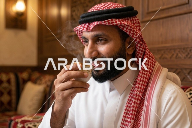 رجل سعودي يشرب القهوة العربية التقليدية في المجلس