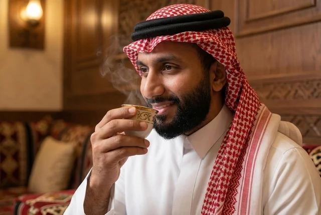 رجل سعودي يشرب القهوة العربية التقليدية في المجلس