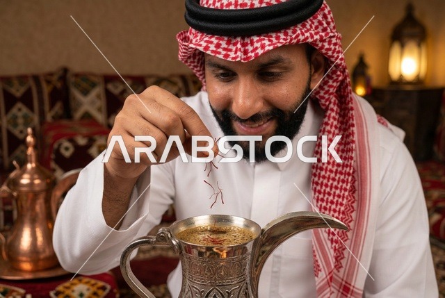 رجل سعودي يضيف الزعفران في دلة القهوة العربية التقليدية