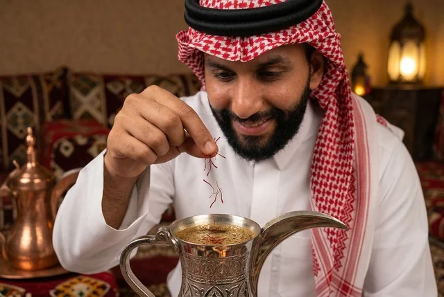 رجل سعودي يضيف الزعفران في دلة القهوة العربية التقليدية