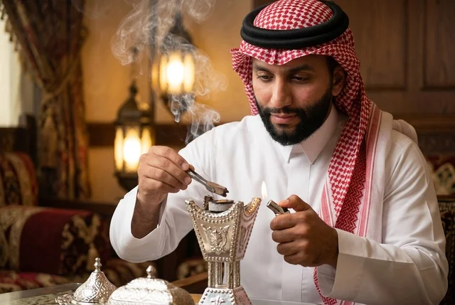 رجل سعودي يشعل بخور العود في مبخرة فضية تقليدية بالمجلس