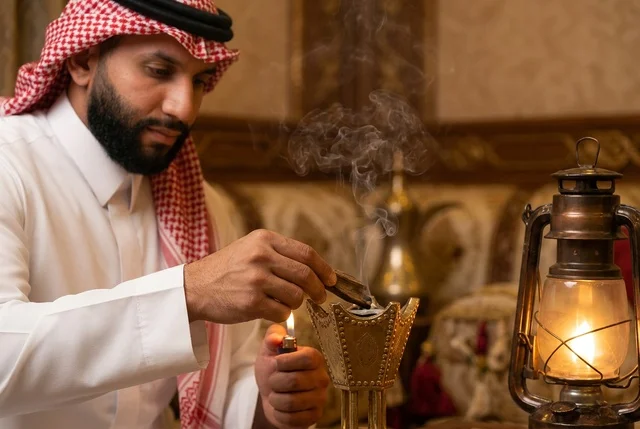 رجل سعودي يشعل بخور العود مع فانوس تراثي