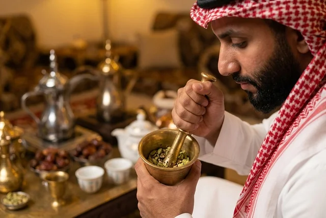 رجل سعودي يطحن الهيل باستخدام النجر النحاسي التراثي
