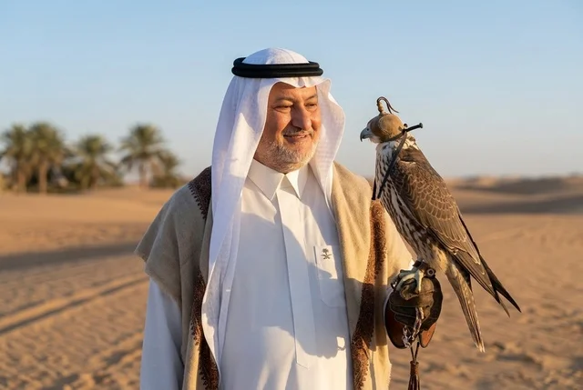 Traditional Saudi Man with Falcon in Desert at Sunset