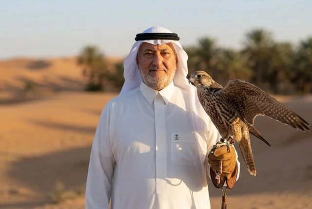 رجل سعودي يرتدي الثوب التقليدي يحمل صقرًا في الصحراء رجل سعودي يرتدي الثوب التقليدي يحمل صقرًا في الصحراء