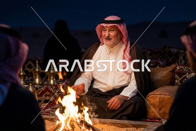رجل سعودي يتحدث بجانب موقد النار في الصحراء ليلا