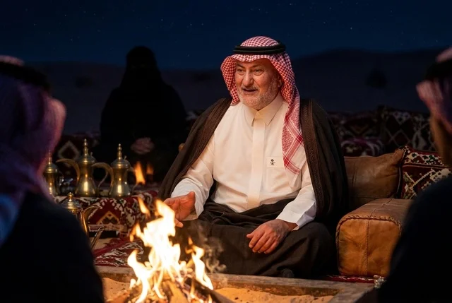 رجل سعودي يتحدث بجانب موقد النار في الصحراء ليلا