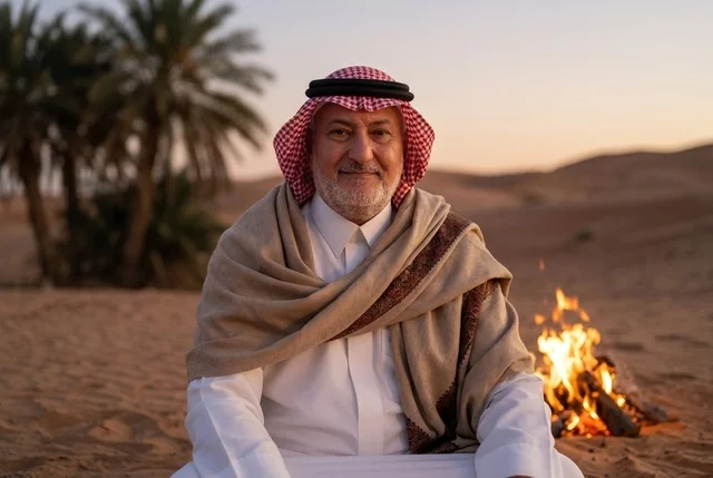 رجل سعودي بالزي التقليدي بجانب شبة النار بالصحراء
