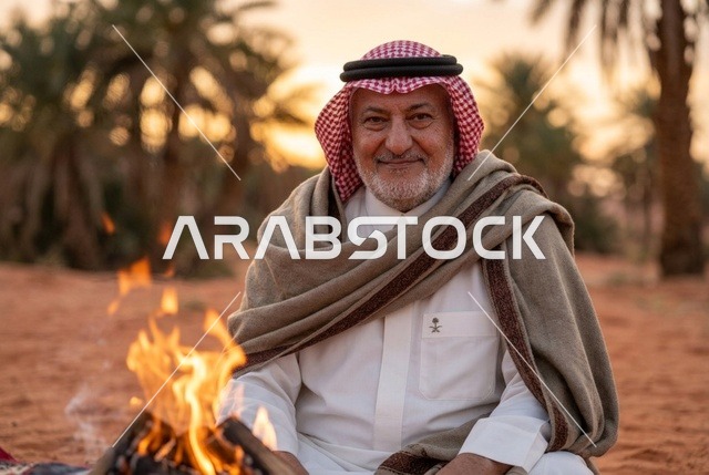 رجل سعودي مسن يجلس بجانب شبة النار في مخيم صحراوي