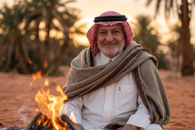 رجل سعودي مسن يجلس بجانب شبة النار في مخيم صحراوي
