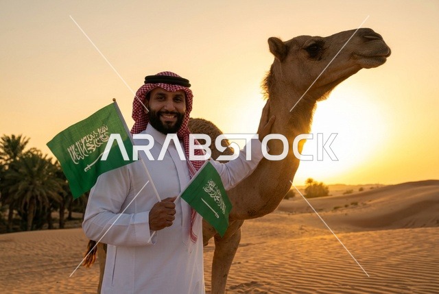 رجل سعودي يحمل العلم مع جمل في الصحراء وقت الغروب