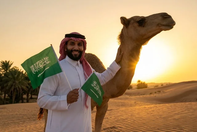 رجل سعودي يحمل العلم مع جمل في الصحراء وقت الغروب