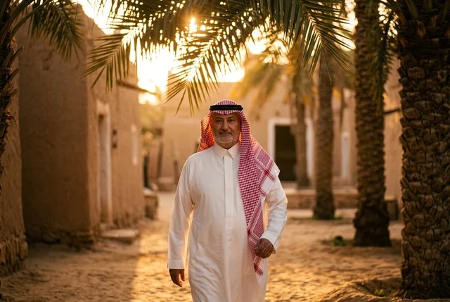 رجل سعودي بالزي التقليدي في قرية تراثية طينية