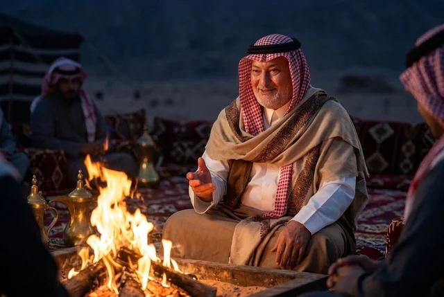 رجل سعودي بلباس تقليدي حول موقد النار بالبر